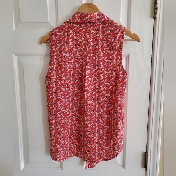 Beach Lunch Lounge Sleeveless Blouse Button Up Tied Waist Bird Pattern Womens XS - Picture 2 of 5